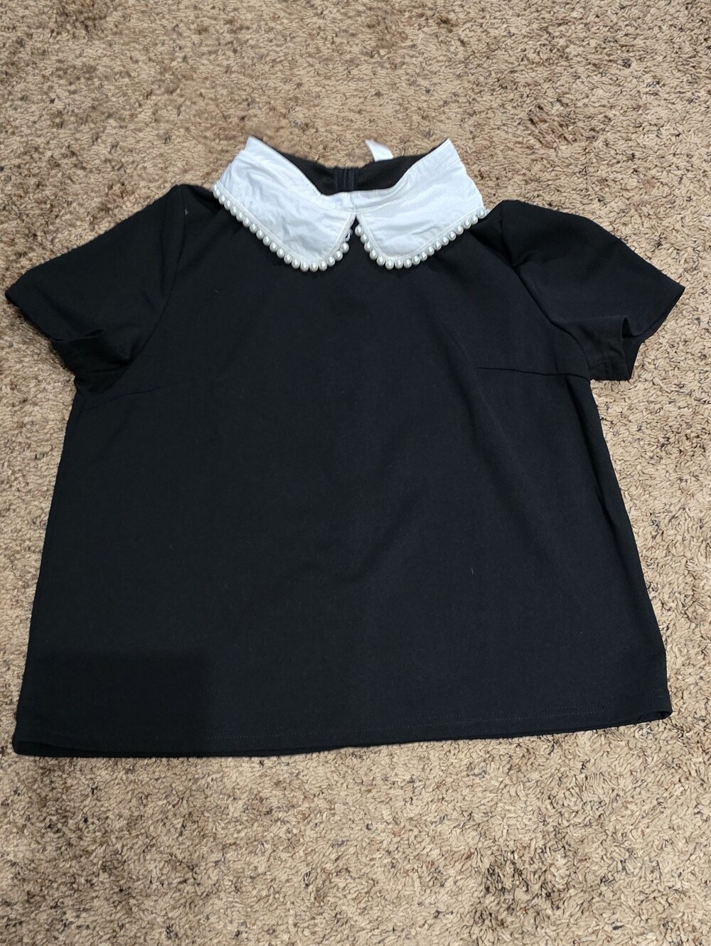 Black Short-Sleeve Blouse with White Pearl-Trim Peter Pan Collar